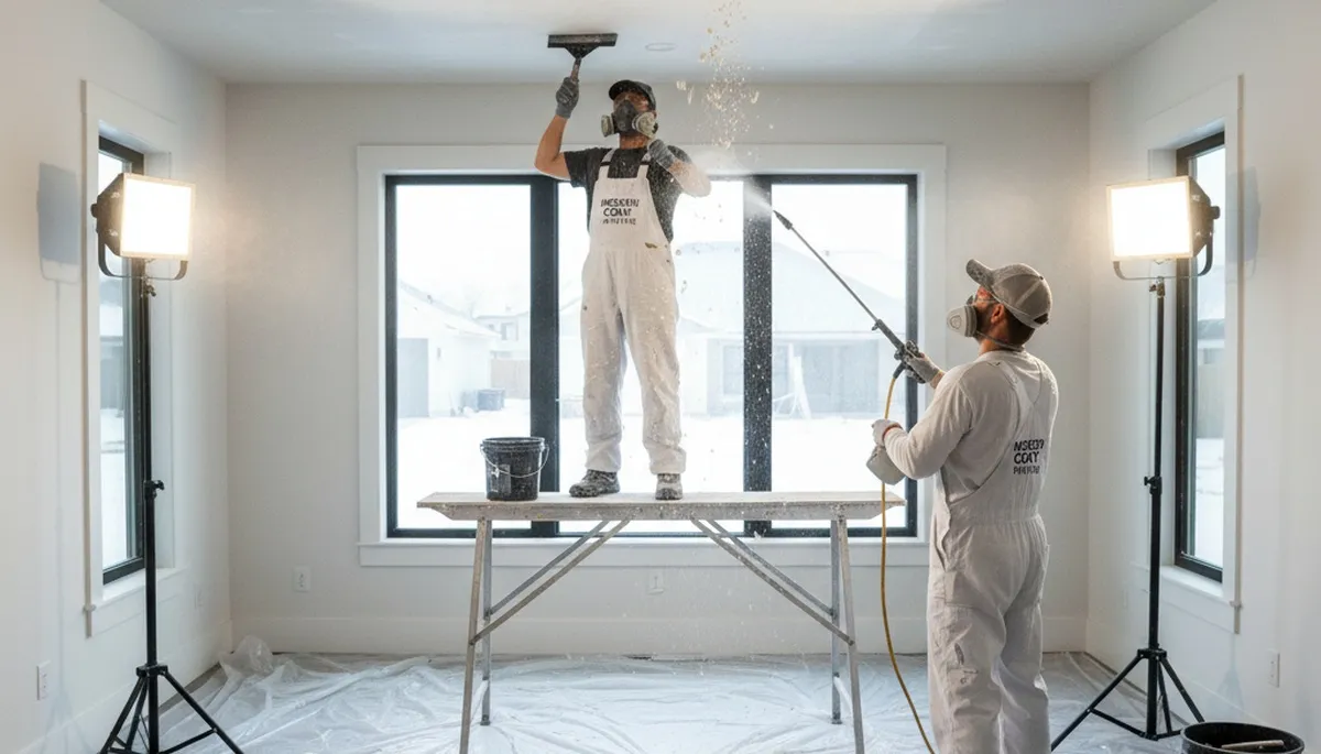 Professional popcorn ceiling removal for Naperville, IL home, creating smooth modern white ceilings