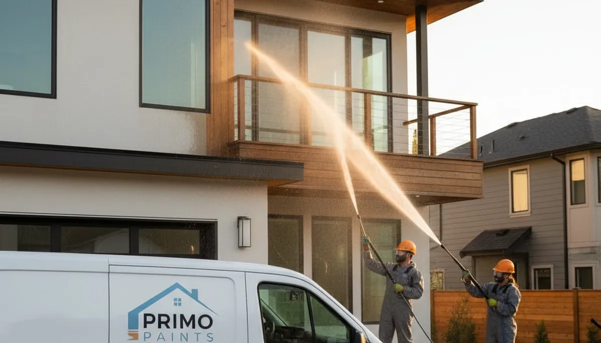 Professional pressure washing home exterior in Naperville, IL by expert house painting team